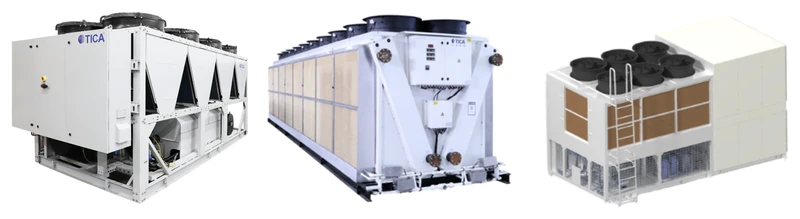 Outdoor heat-rejection chillers that sit with the box: air-cooled, hybrid, and adiabatic units for liquid and immersion loops.