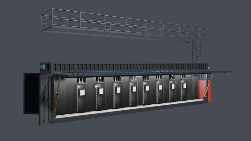 L1800C45 Liquid Cooling container with side open, showing racks and roof walkway